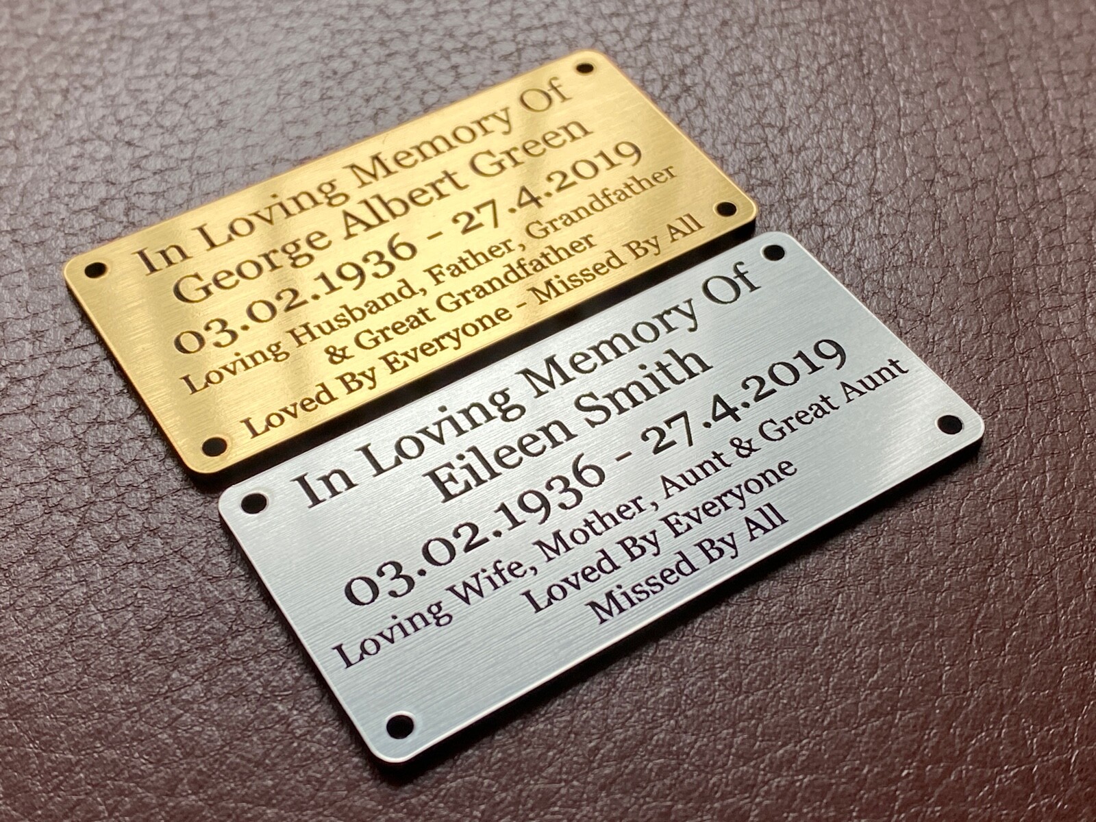 Gold and silver memorial plaques with full inscriptions